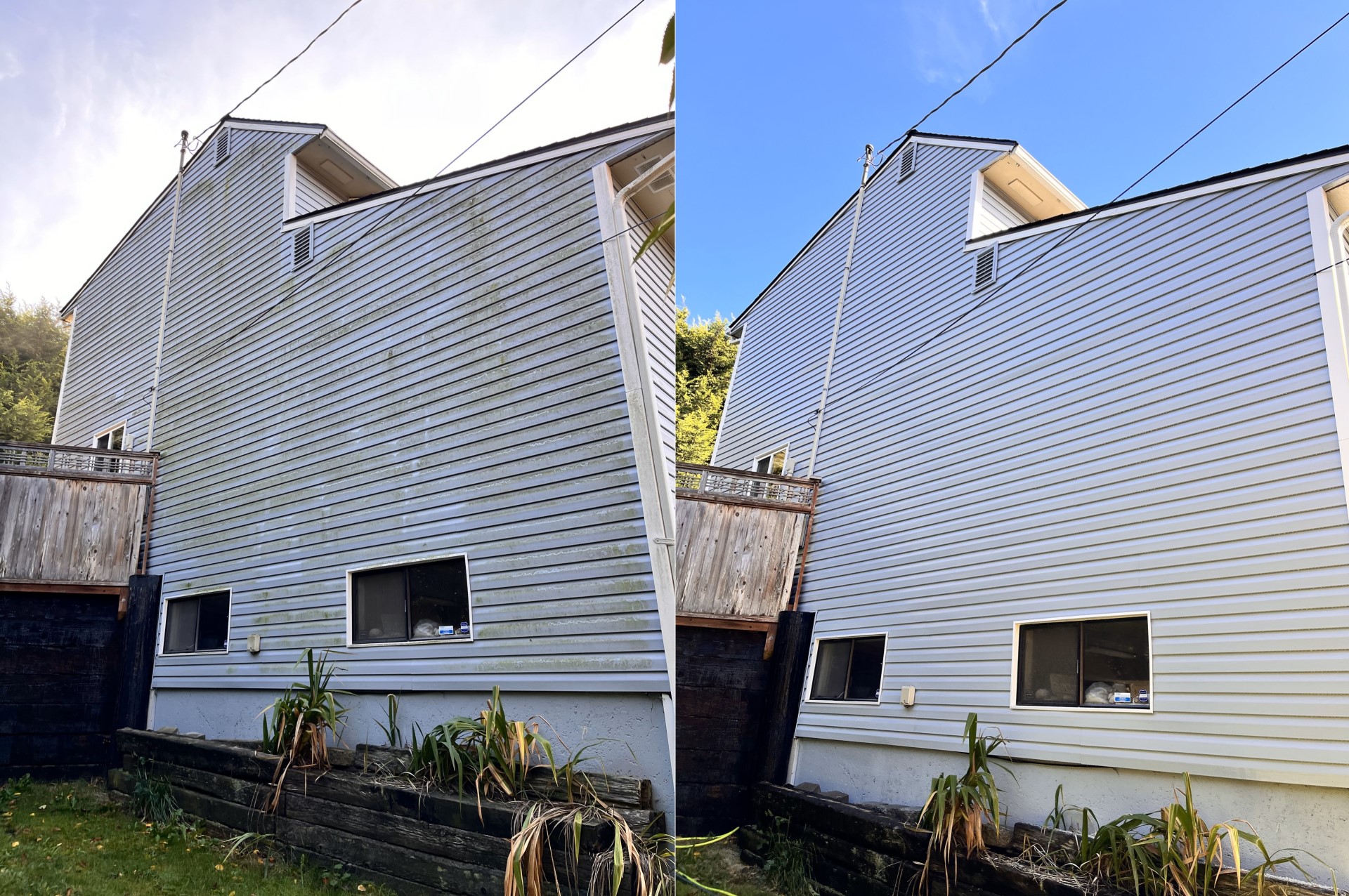 Before and after a home pressure washing.