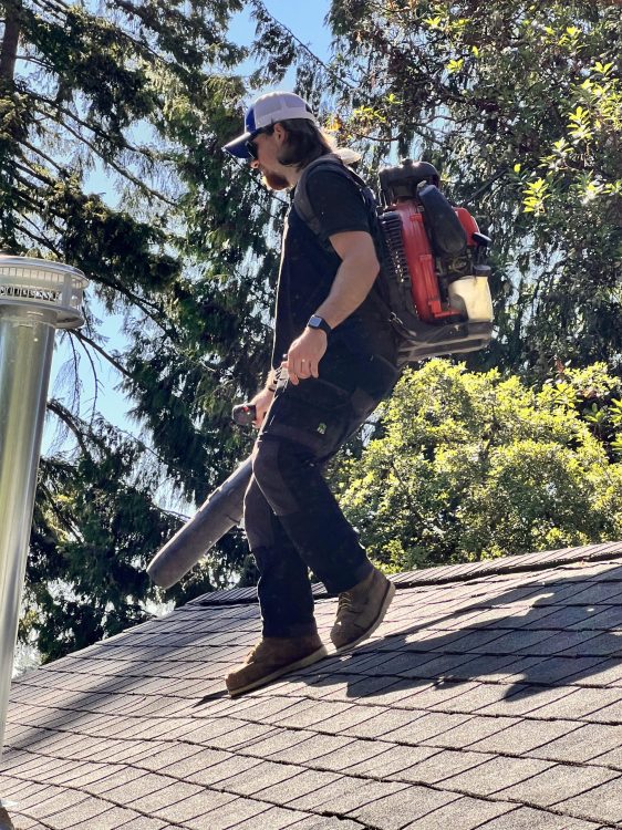 Clearing debris off of a roof with a professional blower.